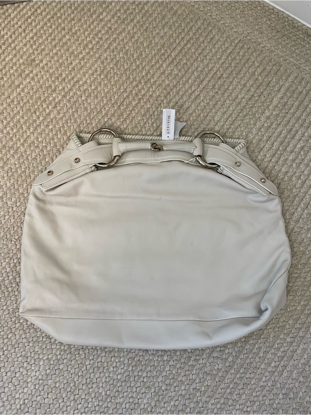 Bone White Genuine Leather Shoulder Bag with Silver Horsebit Hardware.